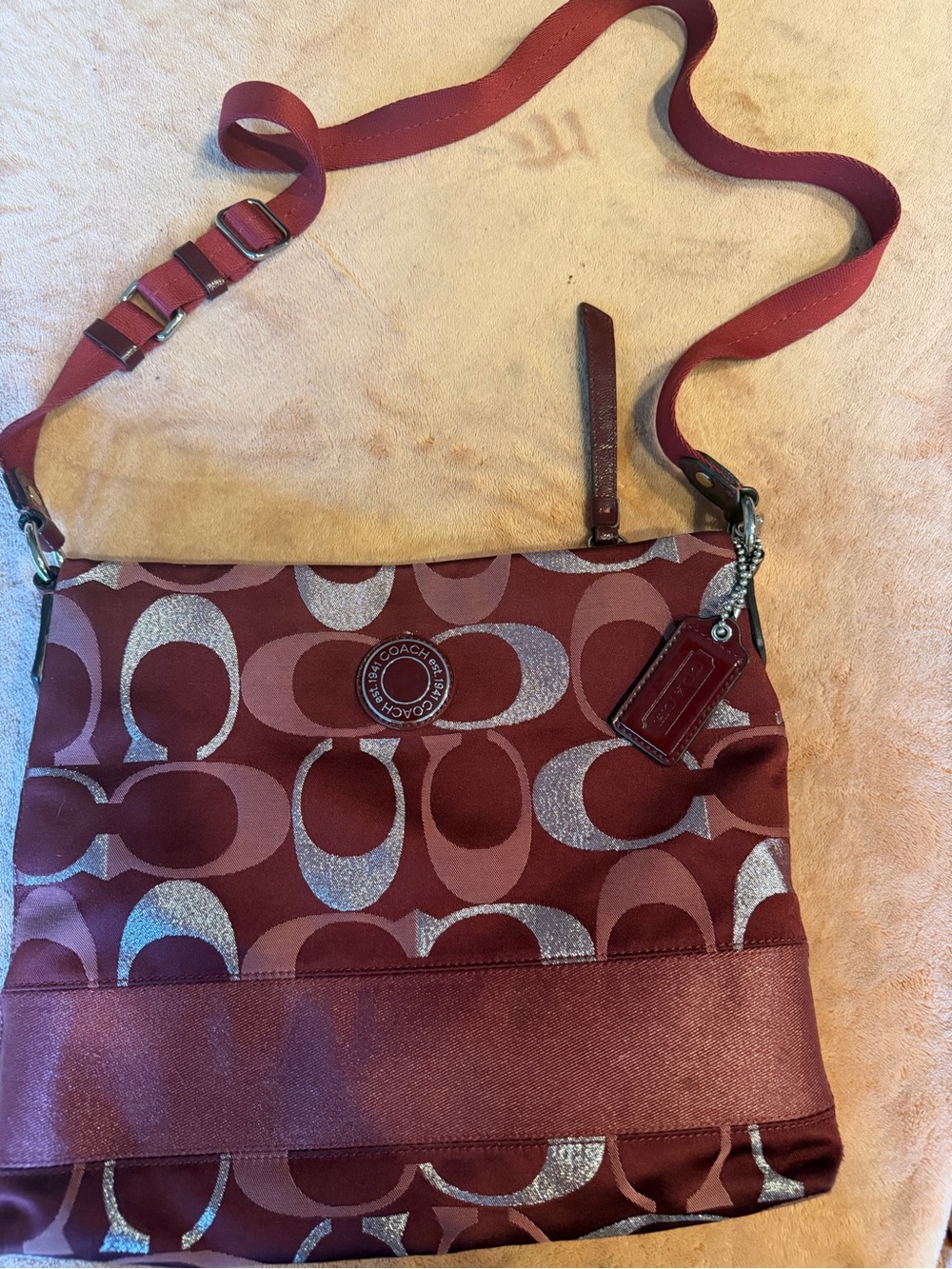 Coach Maroon Signature Crossbody with Metallic Accents